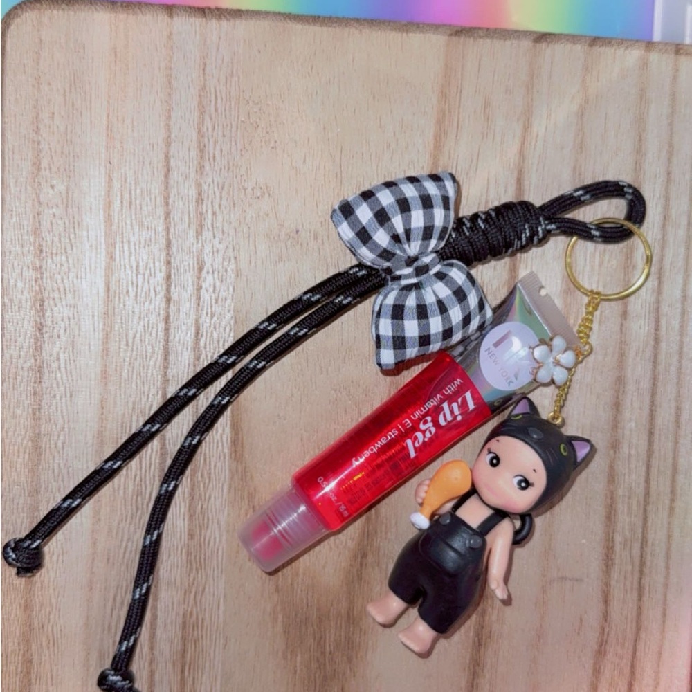 Gingham Bow Keychain with Doll Charm